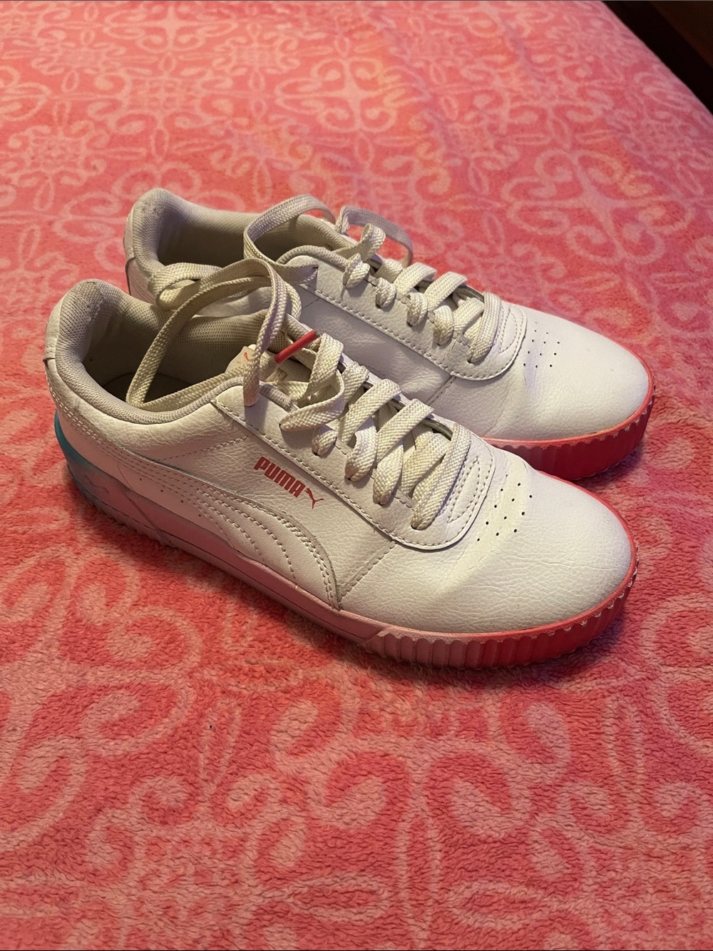 Puma Kids White Sneakers with Pink and Light Blue Accents